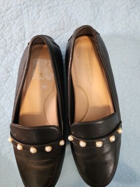 Stuart Weitzman Black Pearl-Embellished Leather Loafers